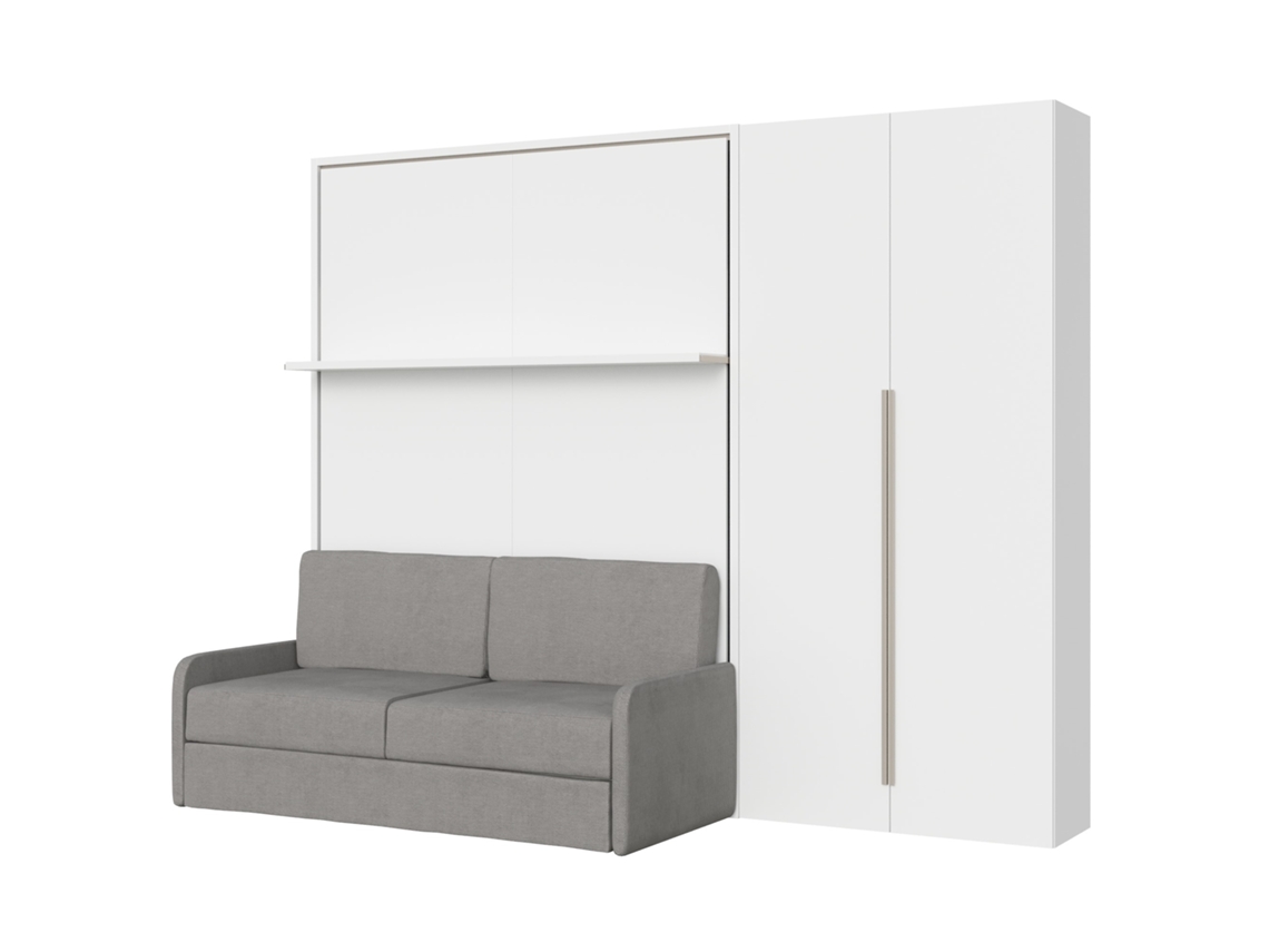 Versia Sofà 160 Cama De Casal Dobrável Vertical Com Sofá, Prateleira E Guarda-roupa Direito Com 2 Portas Branco
