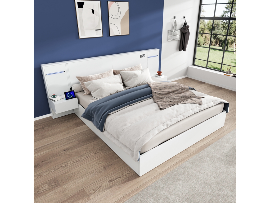 Cama De Adulto Em Madeira 160x200 Cm - Com 2 Mesas De Cabeceira - Com Porta Usb, Altifalante Bluetooth E Relógio Digital - Branco