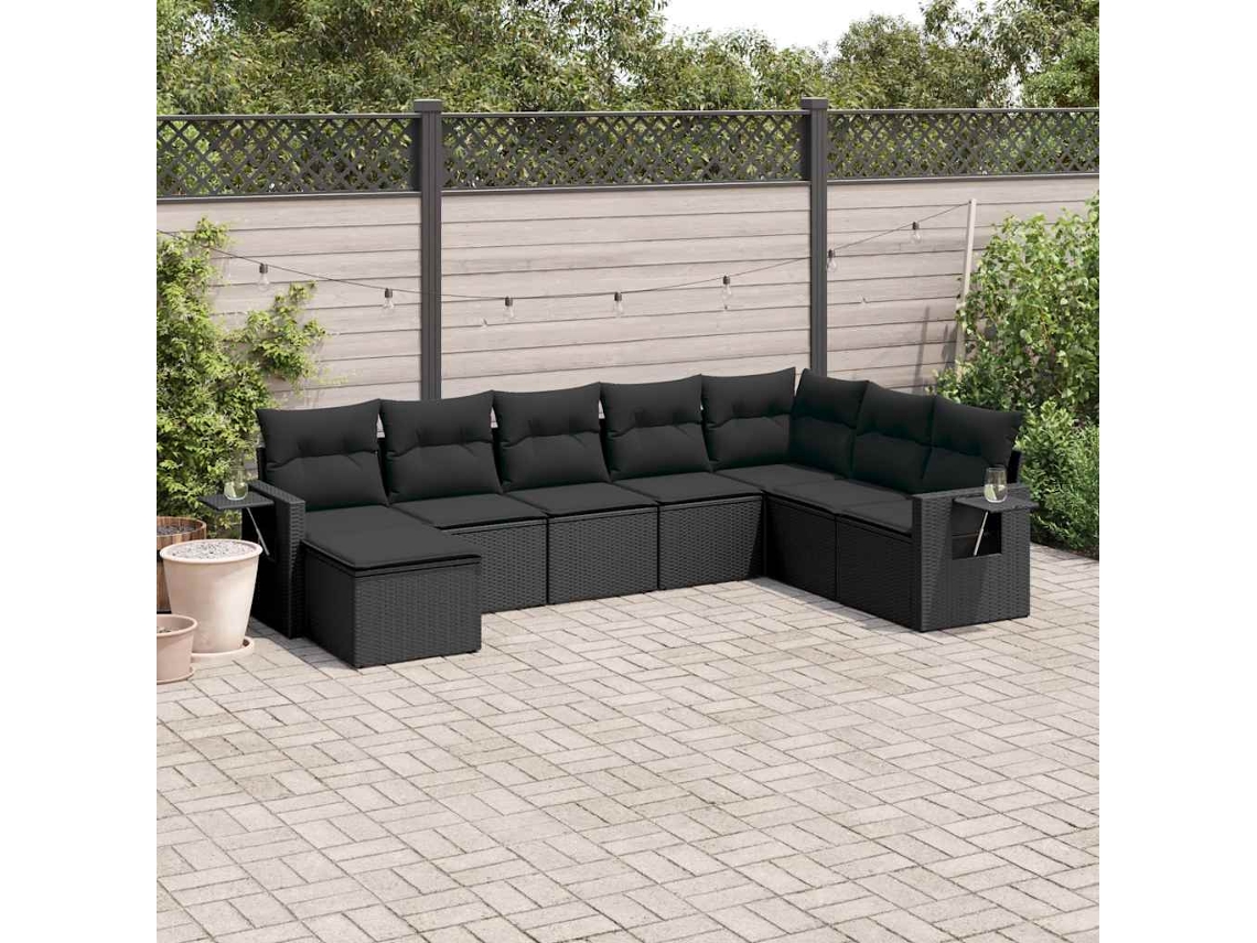 Vidaxl 8 Pcs Conjunto Sofás De Jardim Com Almofadões Vime Pe Preto