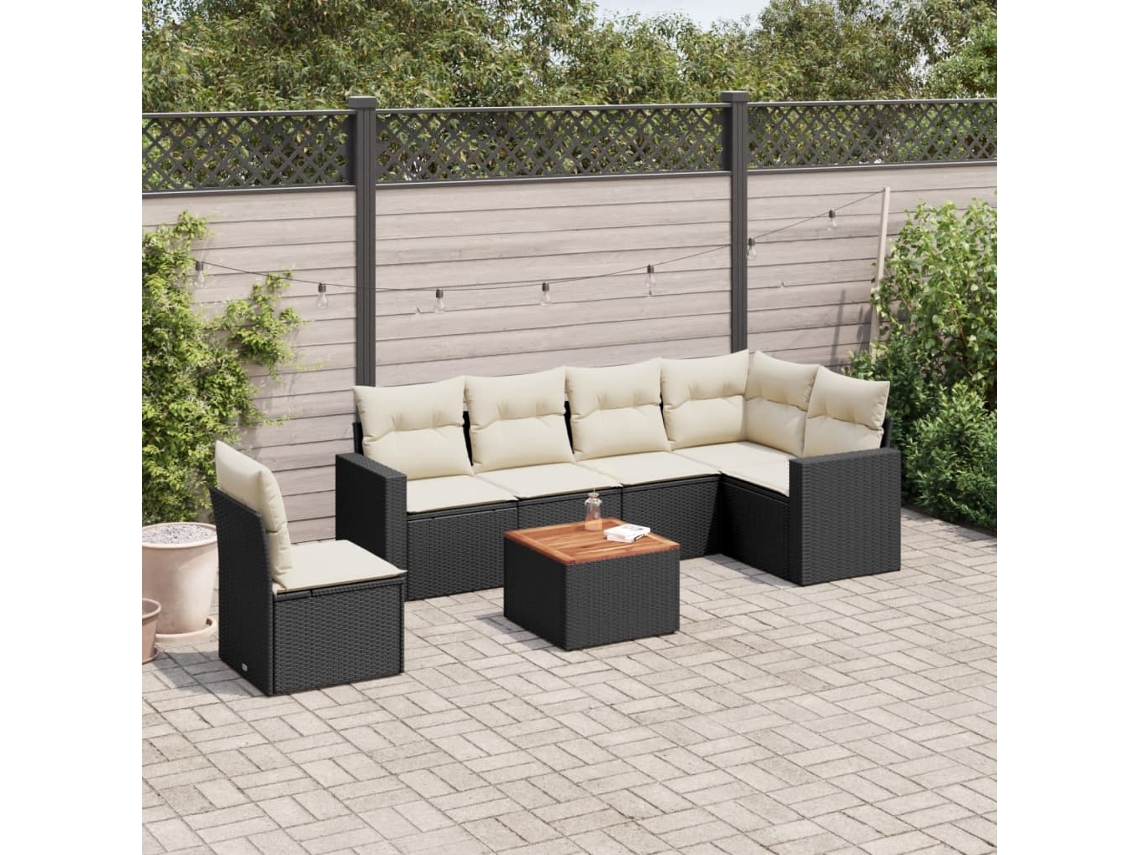 Jogo de Sofá 7 Peças P/ Jardim C/ Almofadões Vime Pe Preto Dkd Home Decor
