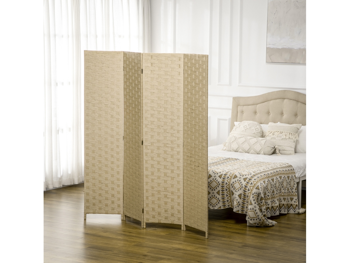 Biombo Separador De Ambientes 4 Painéis 159.5x169.5cm Divisor Dobrável Corda Papel Marrom
