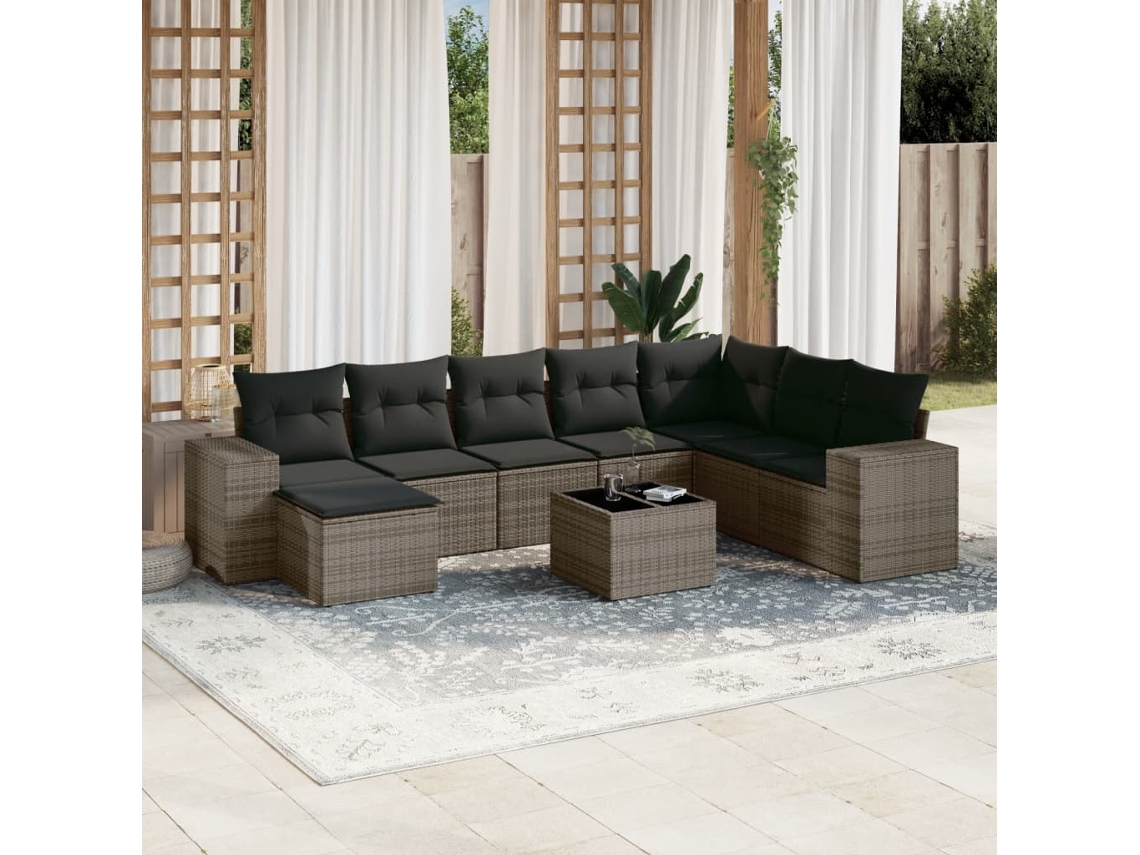 Vidaxl 9 Pcs Conjunto Sofás P/ Jardim Com Almofadões Vime Pe Cinzento
