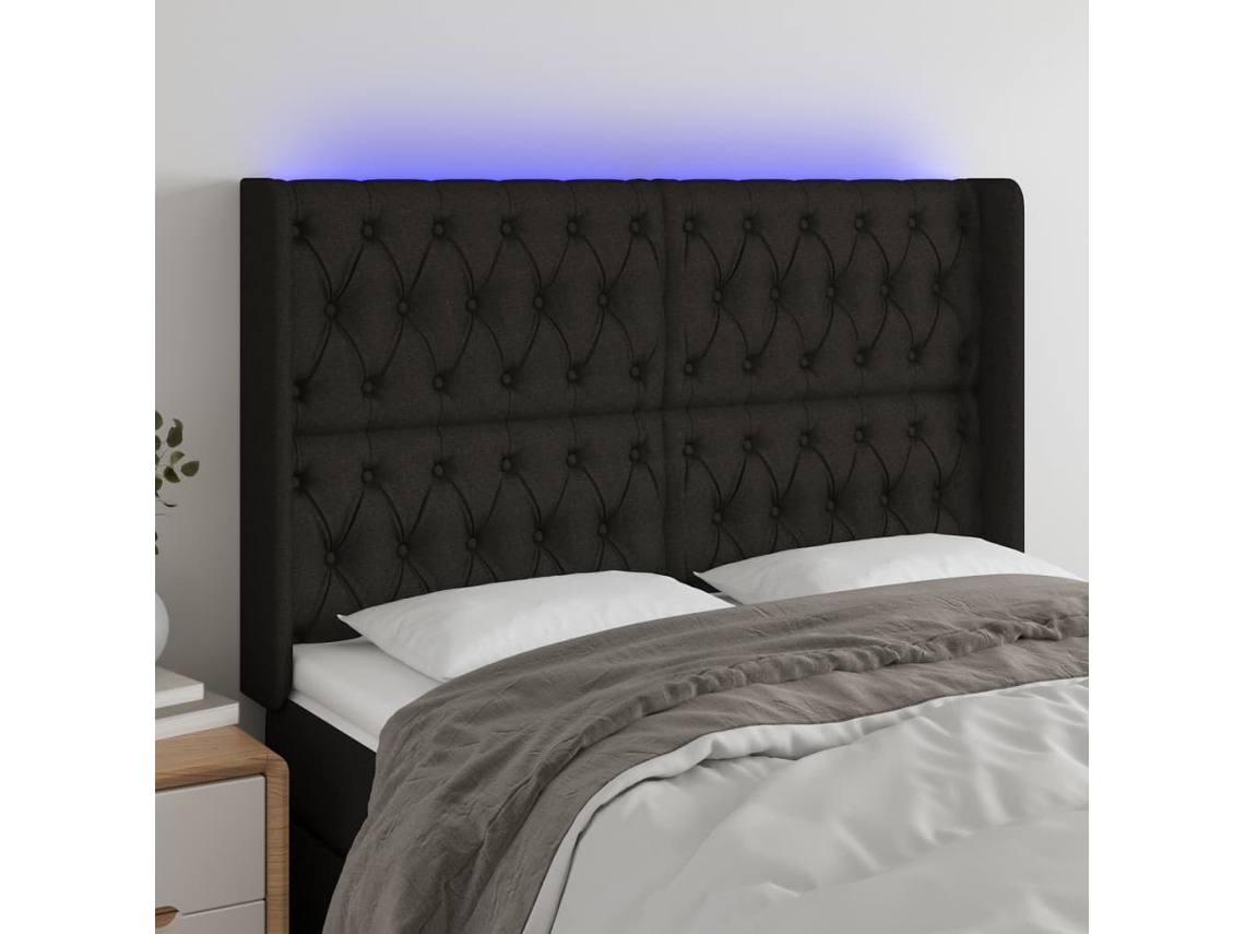 Cabecero con luces LED, tela, 163x16x118/128 cm, negro