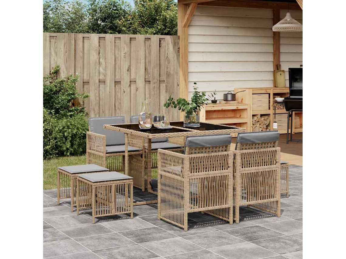 Vidaxl 9 Pcs Conj. Jantar Jardim C/ Almofadões Vime Pe Bege Misturado
