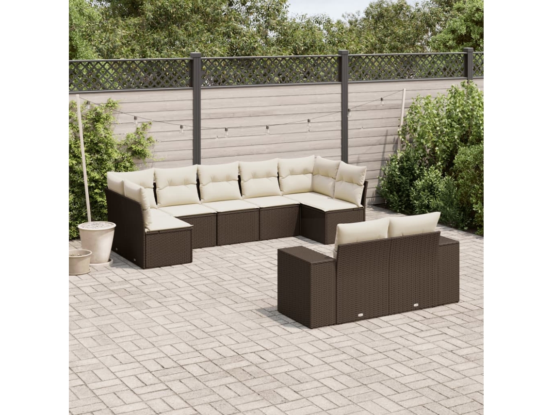 Vidaxl 9 Pcs Conjunto Sofás P/ Jardim C/ Almofadões Vime Pe Castanho
