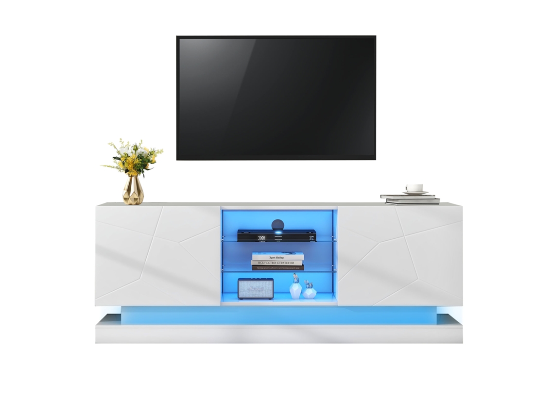 Móvel para TV Fosco Branco - Compressão 1,6m, Painel de Vidro Ajustável, Espaço para 70 Polegadas, Armazenamento Elegante Com Dobradiças Si