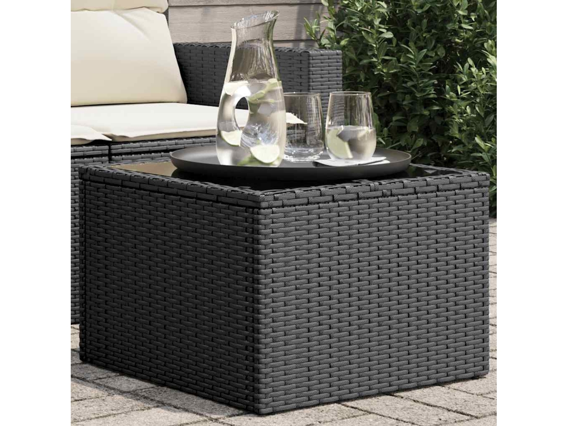 Vidaxl Mesa De Jardim Com Tampo De Vidro Preta 55x55x37 Cm Vime Sintético