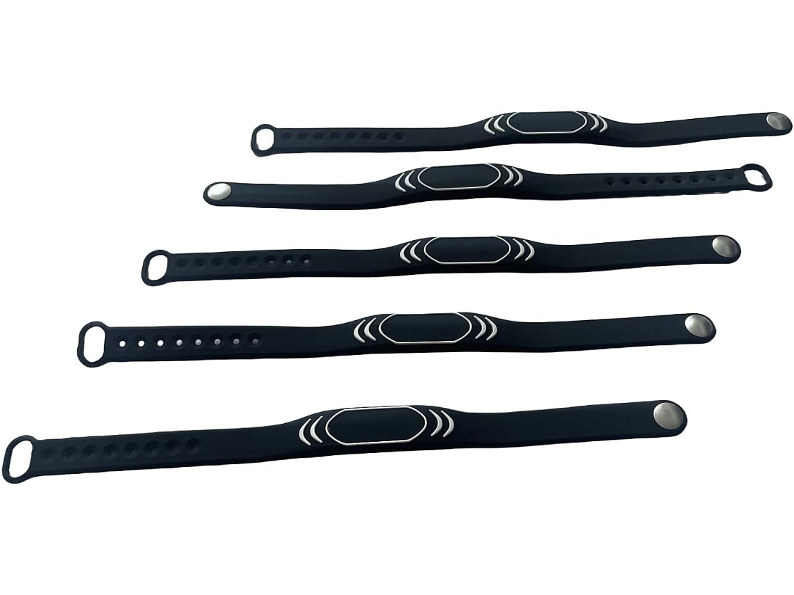 Conjunto de 5 pulseiras de segurança ajustáveis e à prova d'água com modulação EM4100 125kHz, ideais para controle.