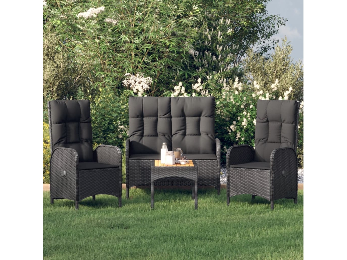 Vidaxl 4 Pcs Conjunto De Jardim P/ Jardim C/ Almofadões Vime Pe Preto