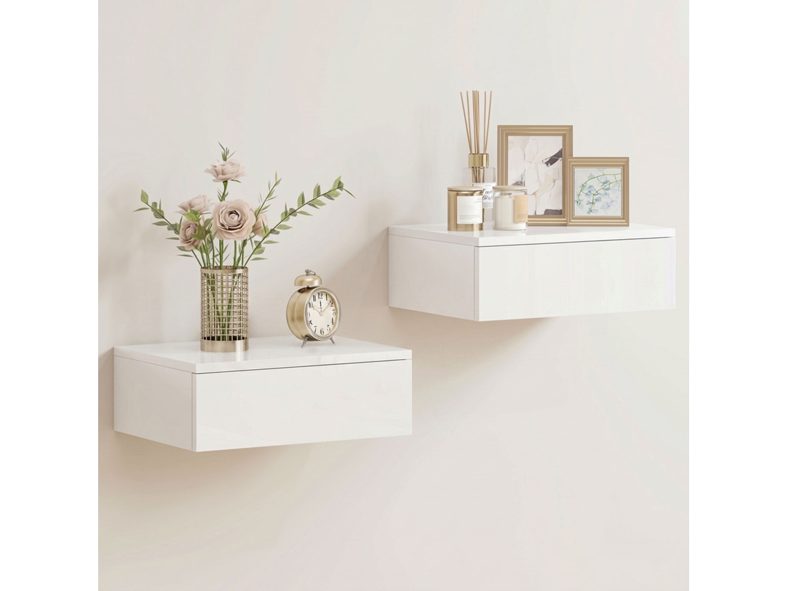 Conjunto De 2 Mesas De Cabeceira, Modelo De Parede, Com Gaveta, Para Quarto, Em Aglomerado, Brancas.