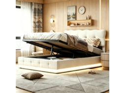 Cama de Casal Estofada 140x190 Cm, Arrumação Hidráulica, Led, Veludo Bege SIMURQ