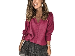 Suéter feminino casual com decote em V, manga longa, em poliéster, modelo pulôver para outono, inverno e primavera de 2026.