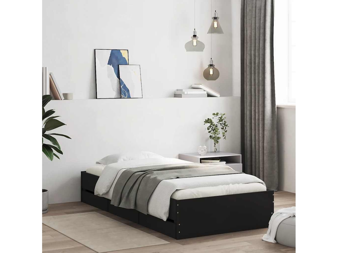 Vidaxl Estrutura Cama C/ Gavetas 90x190 Cm Derivados De Madeira Preto