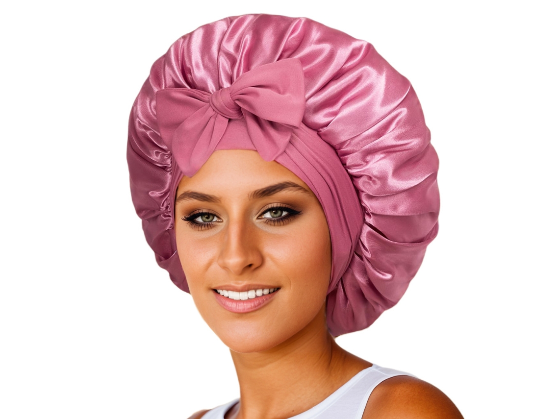 Touca de cetim Aquaforge com forro de seda para dormir, touca com faixa dupla para mulheres, cachos naturais altos