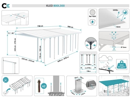 Pérgula Anexa/Garagem 24M² CAZEBOO Kleo 800L300 Alumínio Branco