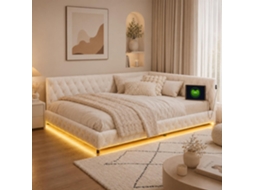Cama Estofada 140x200, Sofá-cama Com Led E Usb, Cama De Criança Branca Com Estrado De Ripas, Forro Polar Macio, Sofá-cama, Sem Colchão
