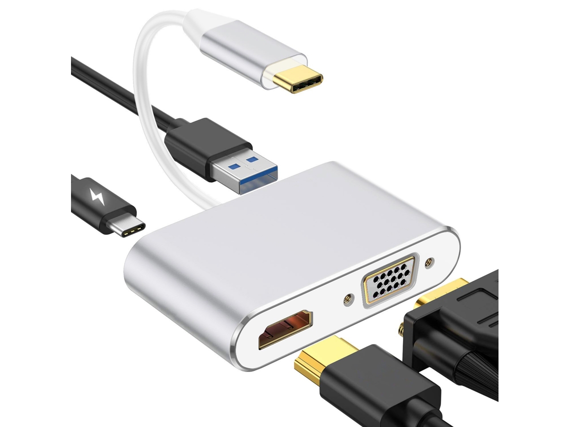 Hub Usb C 4 Em 1 – Hdmi 4k, Vga 1080p, 60w Pd, Usb 3.0 – Para Macbook, Ipad, Samsung Otg Prata Hexinyigjly