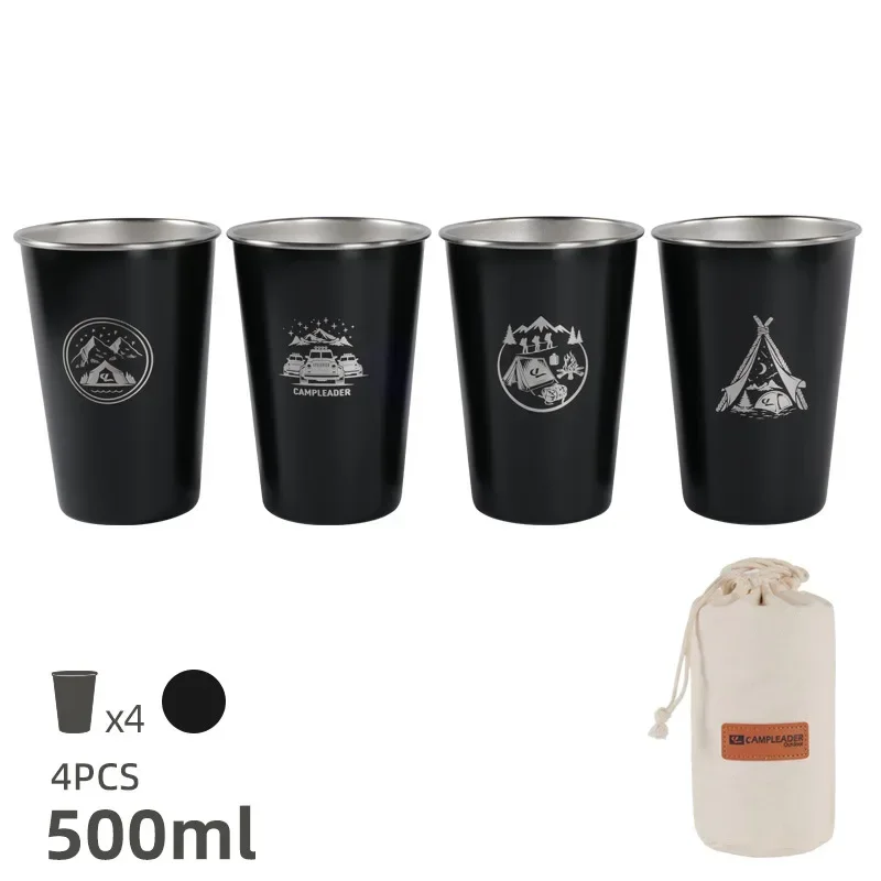 Caneca de Aço Inoxidável 304 para Camping Ao Ar Livre com Bolsa de Armazenamento. MDUG (500 Ml, Preta)