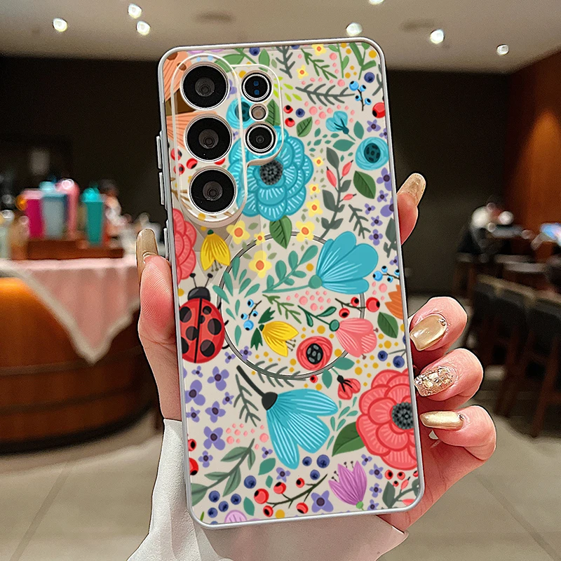 Capa Magnética Para Celular Galaxy S25 Ultra Com Estampa De Joaninha E Flor (cinza)