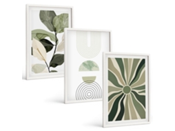 Conjunto De Pinturas Motivos Vegetais, Geometria Verde Espelharte (3 Peças 40x60 Cm)