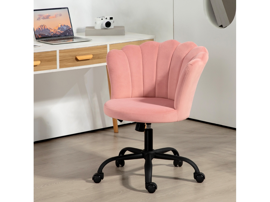 Cadeira De Escritório Com Encosto Em Pétala Sem Braços Altura Ajustável, Estofado Veludo, Rosa