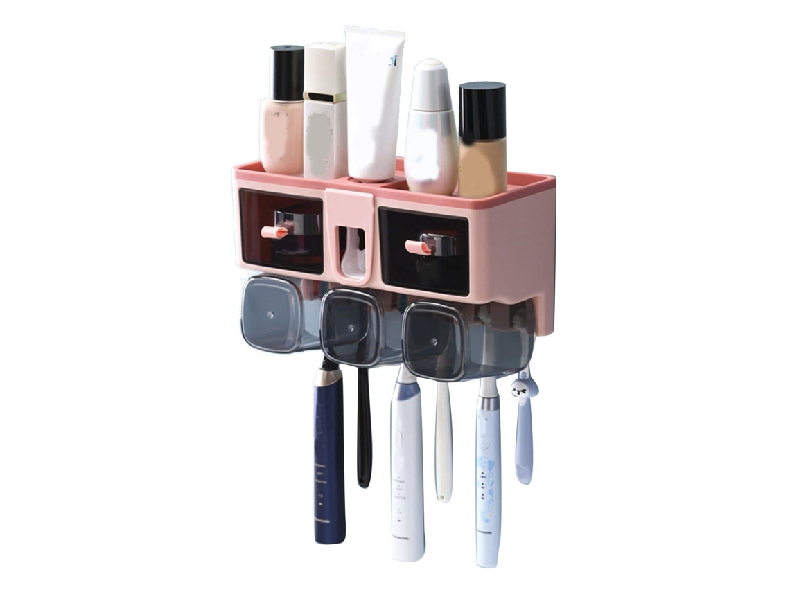 Suporte para Escova de Dentes, Sem Furos, Porta enxaguante Bucal, Organizador para Sanitário, Rosa, Capacidade para 3 Copos AQUAFORGE