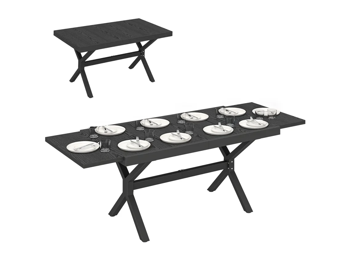 Mesa De Jantar Extensível Para Exterior, 154/214 Cm, Para 8 A 10 Pessoas, Em Alumínio E Aço Com Tampo Em Imitação De Madeira Cinza.