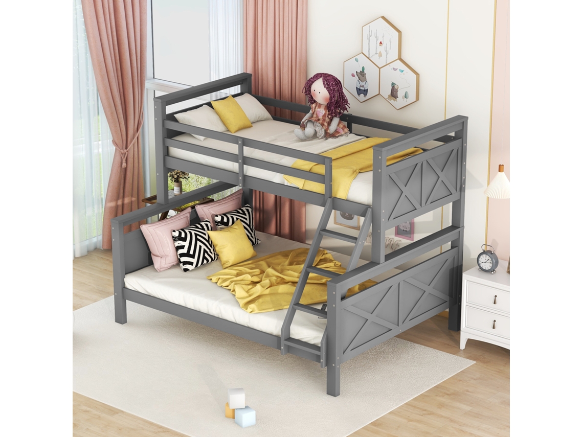 Cama De Duas Camadas Conversível Madeira 90(140)x200cm Cinza Com Escada Guarda-corpo