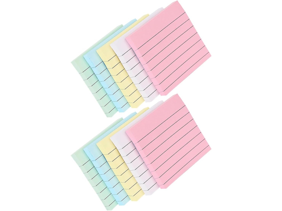 Pacote com 10 blocos de notas autoadesivos médios, folhas pautadas, cores sortidas, para anotações.