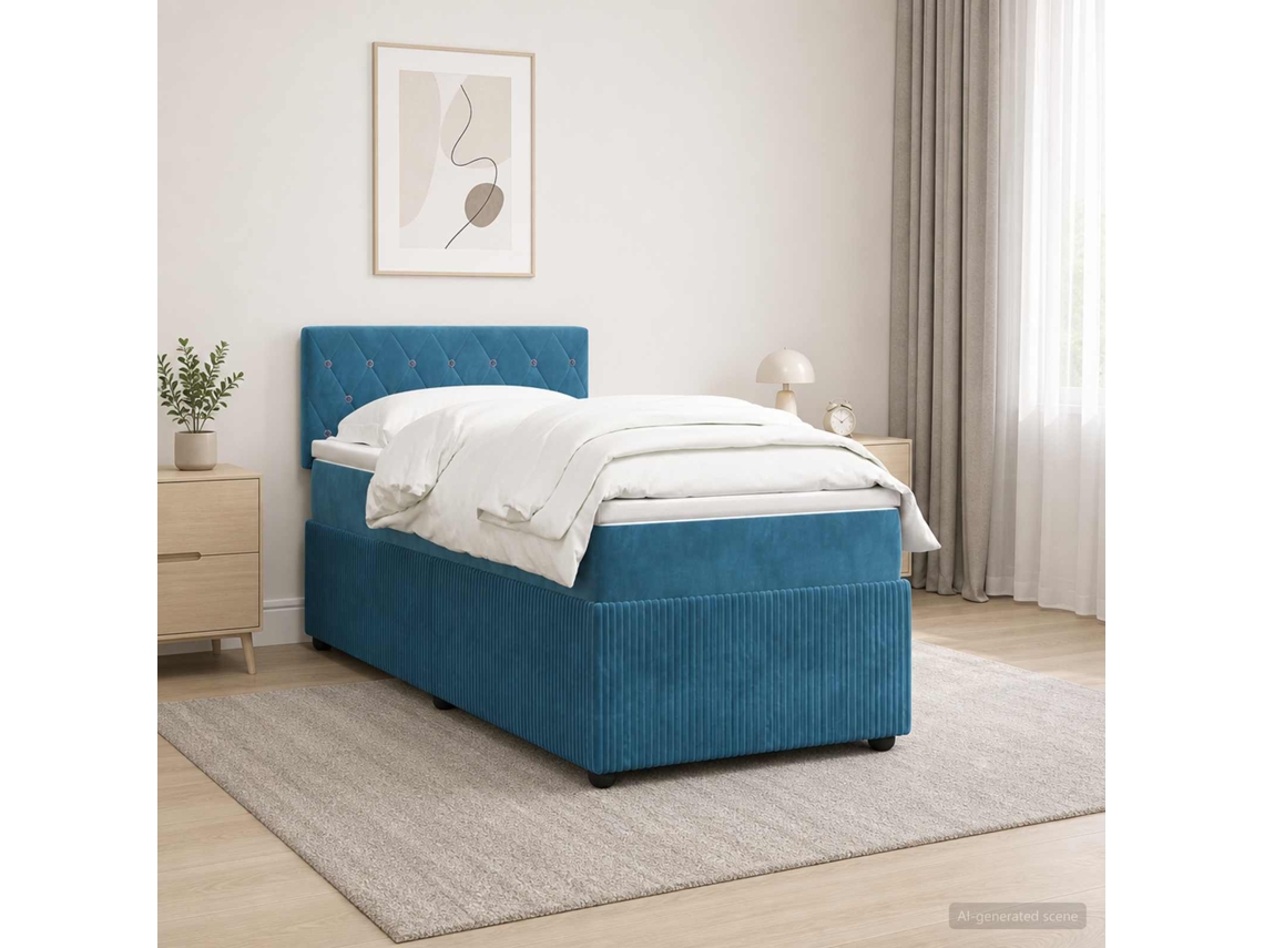 Vidaxl Cama Box Spring Com Colchão Azul 100 X 200 Cm Veludo