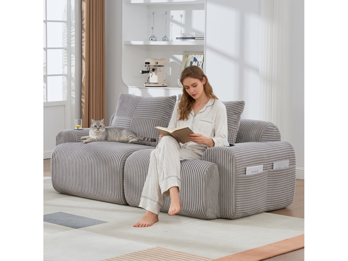 Sofá Modular De Veludo Cotelê Para 2 Lugares, Embalado A Vácuo, Combinável, Porta-copos, Bolsos Laterais, Cinza Claro.