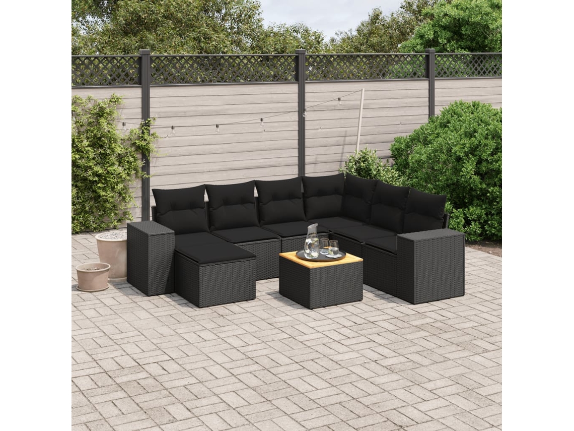 8 Pcs Conjunto Sofás De Jardim Com Almofadões Vime Pe Preto Dkd Home Decor