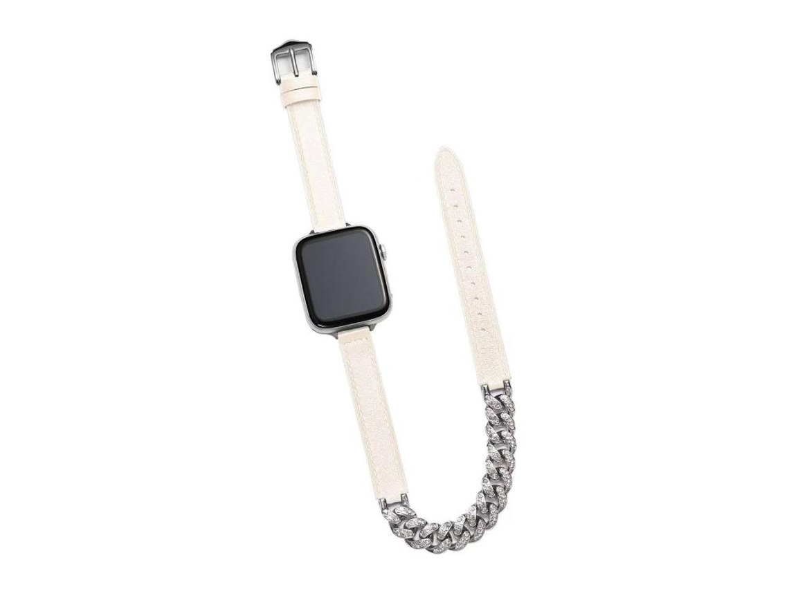 Bracelete Para Apple Watch 46/49/45/44mm - Couro Genuíno Cravejado Com Diamantes Branco Cremoso