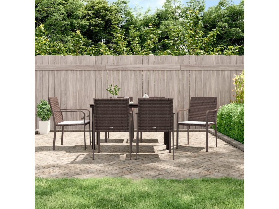 Vidaxl 7 Pcs Conjunto De Jantar P/ Jardim C/ Almofadões Vime Pe E Aço
