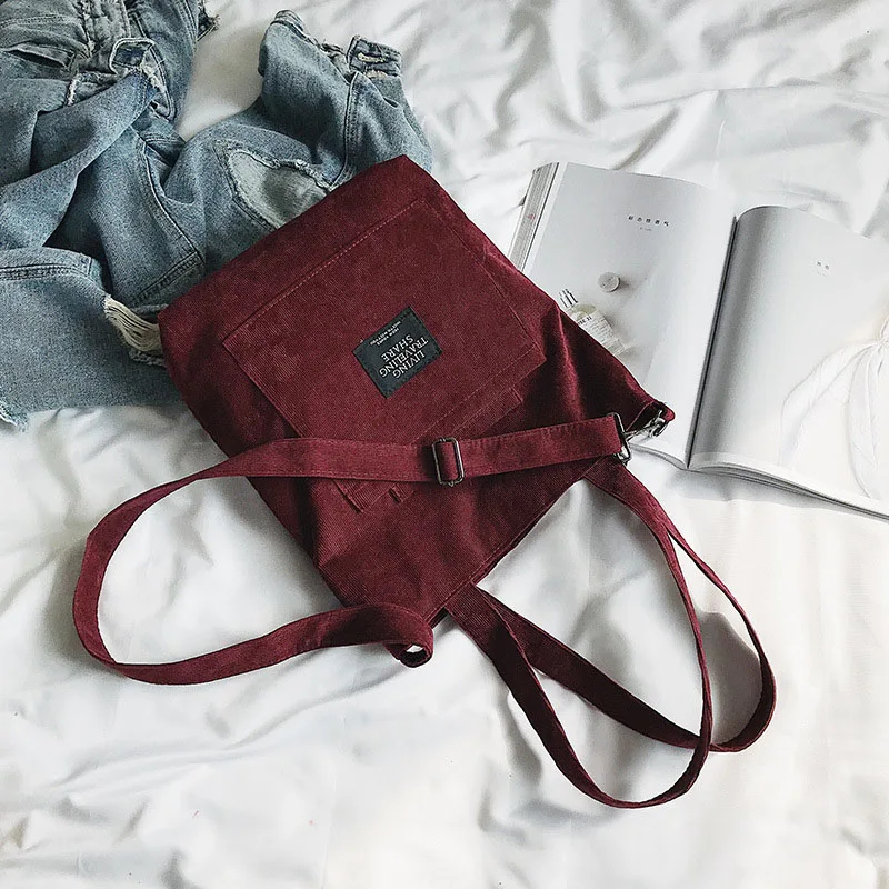 Bolsa Feminina de Ombro em Veludo Cotelê, Tote Listrada, Casual com Zíper, Transversal de Lona, Compras Charmosa AQUAFORGE