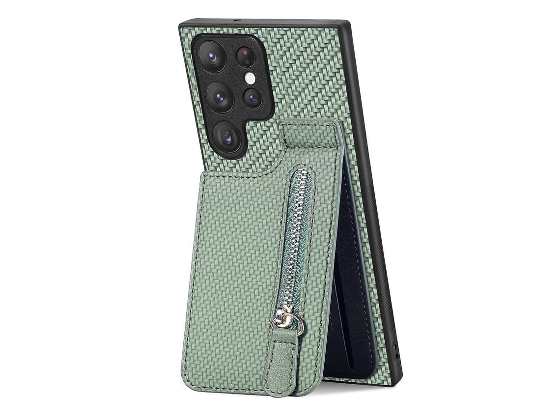 Capa Tipo Carteira Com Zíper E Flip Vertical De Fibra De Carbono Para Samsung Galaxy S22 Ultra 5g