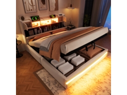 Cama Hidráulica 160x200 Bege Com Usb-c, Led E Compartimento No Cabeçote