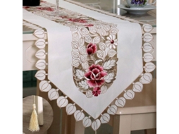 2026 mantel de Mesa Clásico de Encaje Beige Con Hojas Blancas 15x96 Pulgadas