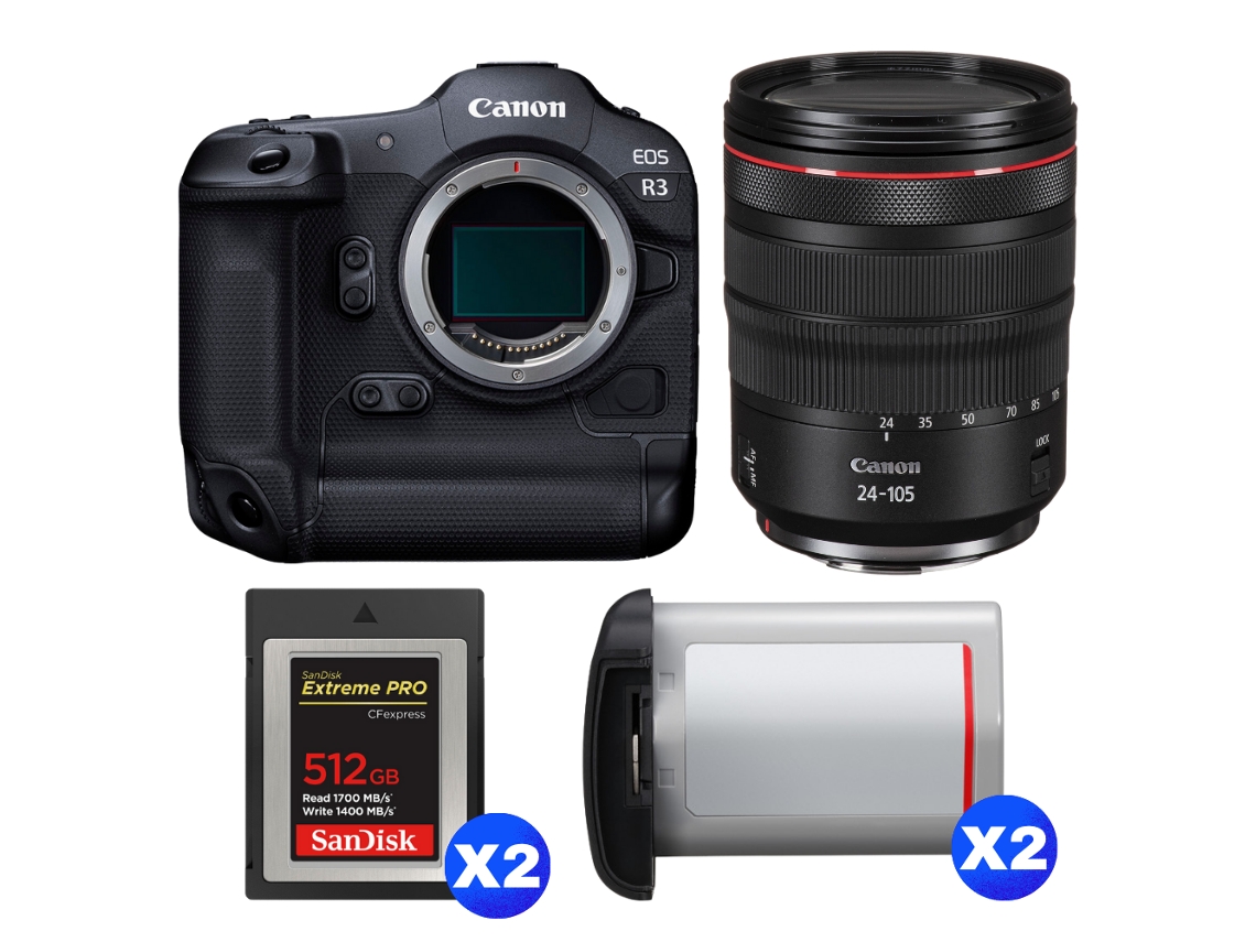 Eos R3 + Rf 24 105mm F/4 L Is Usm + 2 Sandisk 512gb Extreme Pro Cfexpress Type B + 2 Canon Lp e19 + Ebook “20 Dicas para Fotos Que Impressionam” CANON