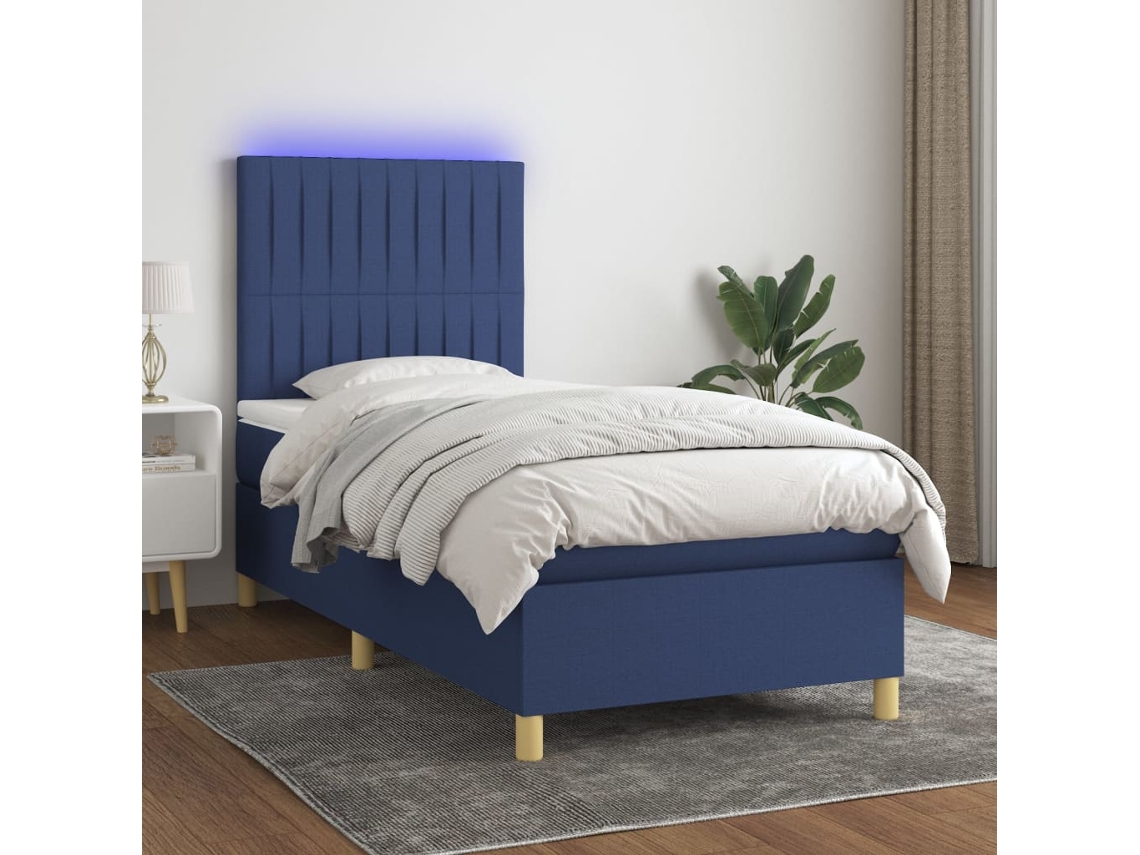 Vidaxl Cama Box Spring C/ Colchão E Led 100x200 Cm Tecido Azul