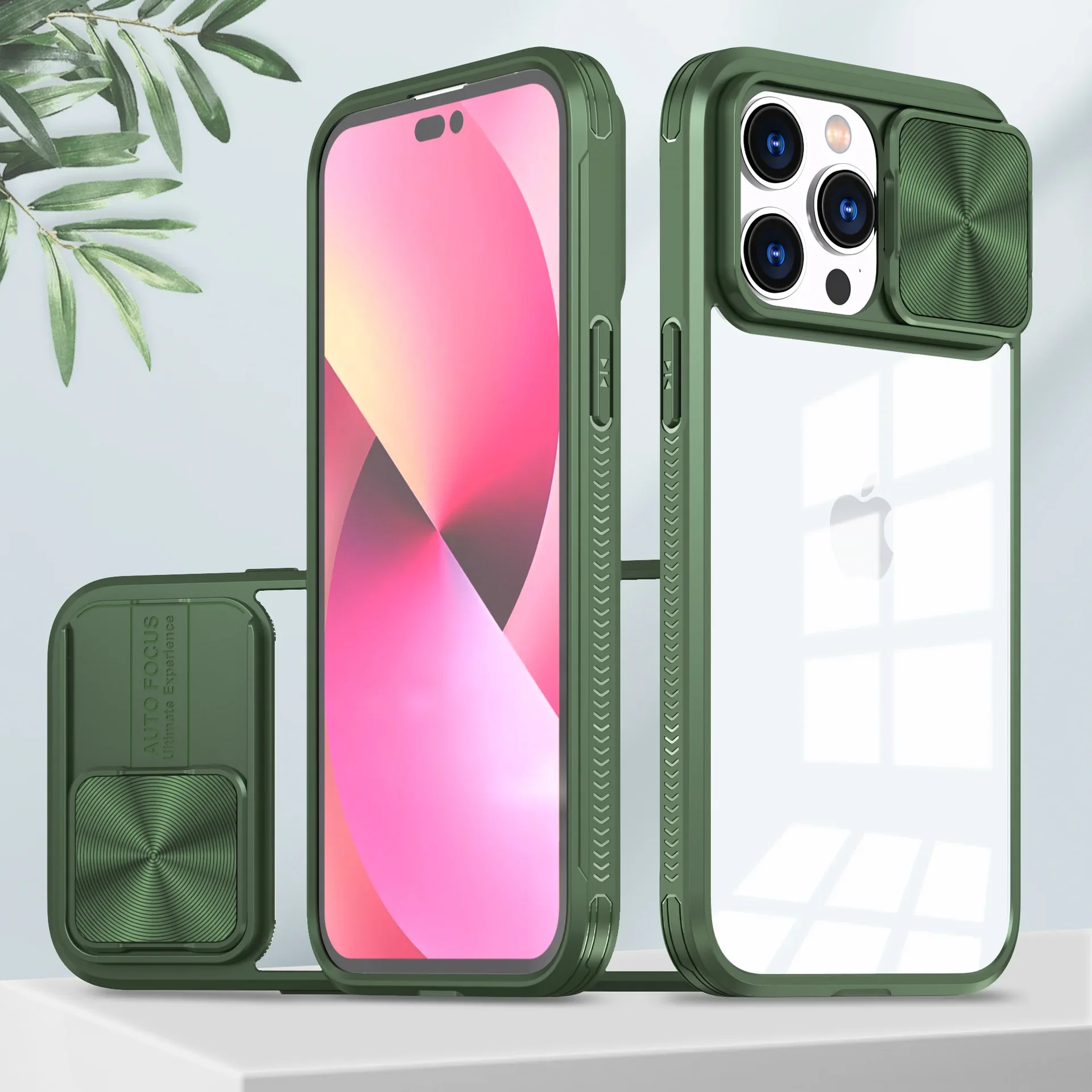 Capa Protetora Transparente Deslizante Para Câmera Do Iphone 16 Plus (verde Escuro) Com Estrutura Rígida.