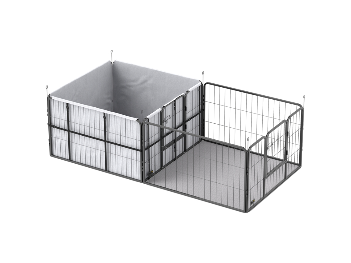 Caixa de Parto para Filhotes. Cercadinho de Filhotes com 7 Painéis. 2 Áreas. Tapete de Arremesso Lavável. 203x102x60cm Preto Ge