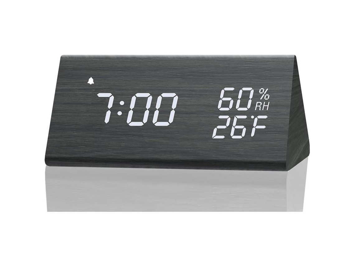 2026-reloj Despertador Digital De Madera Com Tela Led, Sensor De Temperatura E Umidade, Preto Para Quarto