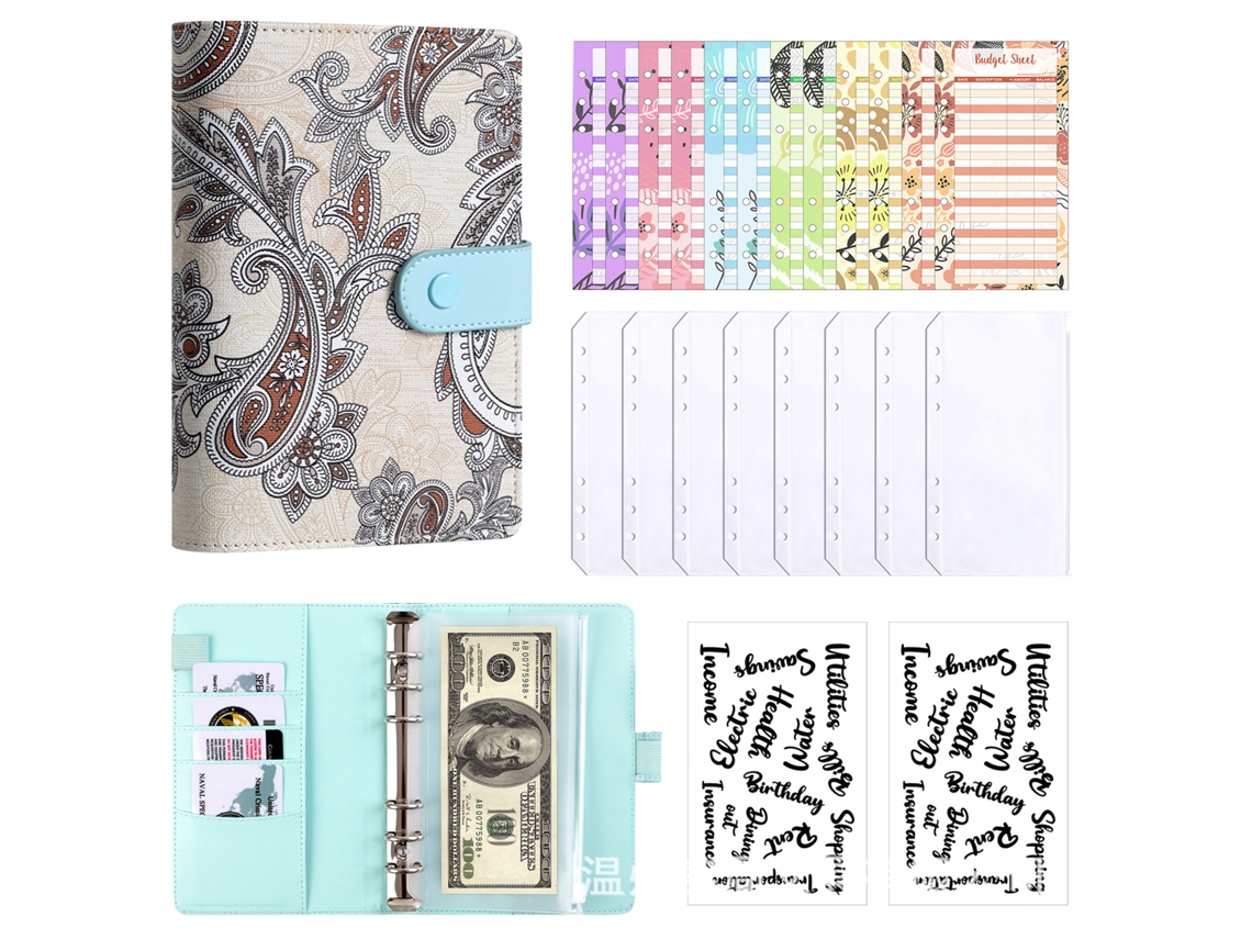 Paisley Pattern A6 Budget Planner Notebook, Blue Binder Cover With 8-zipper Pockets, Includes 12-cash Budget Cards And