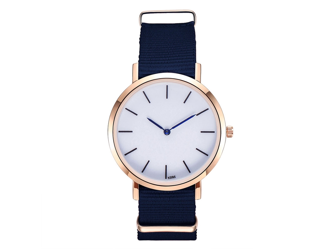 Relógio de quartzo unissex com pulseira de nylon azul royal e mostrador monocromático.