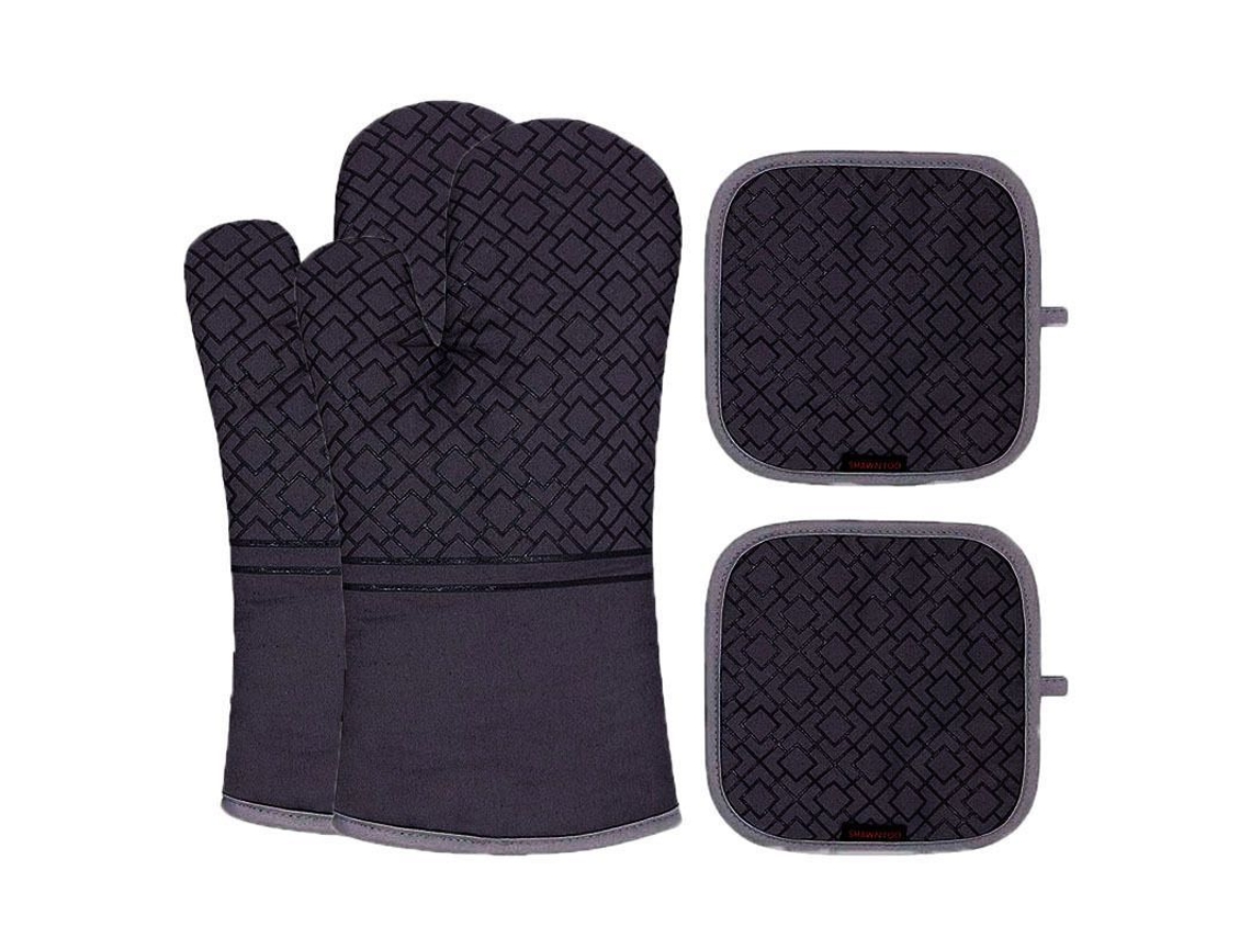 Rebe-conjunto De Luvas Para Forno E Suportes De Copos Resistentes A Calor 572f 4 Peças De Silicone Antiderrapante Para Cozinha E Assadura Preto