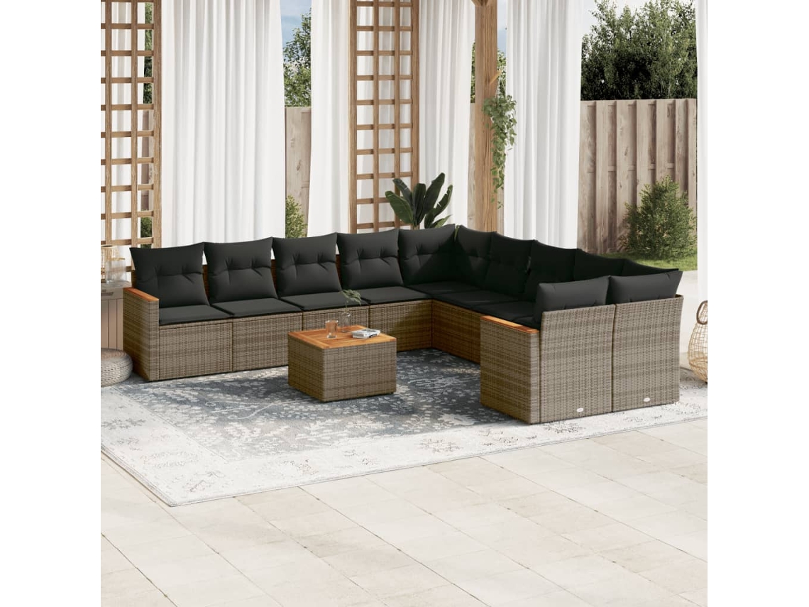 11 Pcs Conjunto Sofás De Jardim C/ Almofadões Vime Pe Cinza Dkd Home Decor