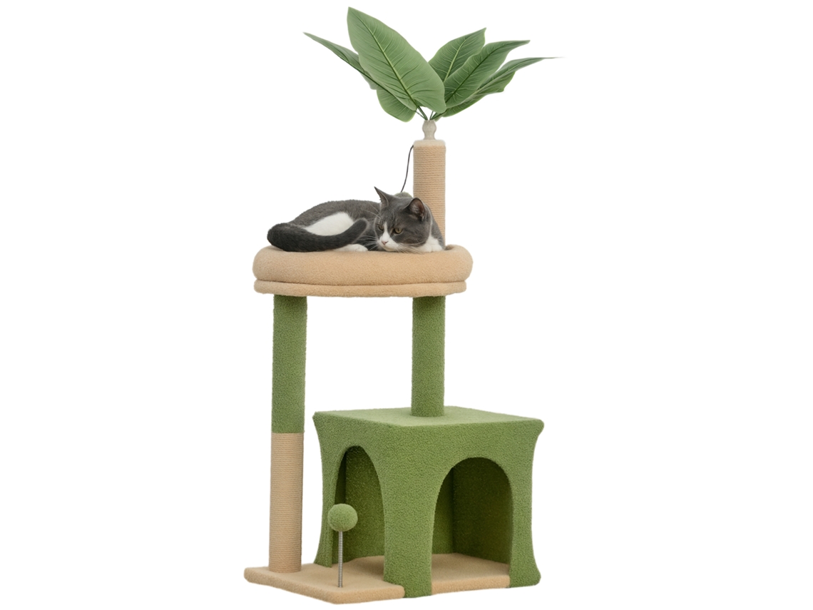 Árvore de gato com folha de palmeira casinha cama bolas madeira e poliéster 44x30x98 cm verde marrom S/MARCA
