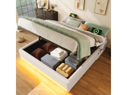 Cama Box 140x200cm Bege Led Usb Typ-c Hidráulica Sem Cabeceira Com Bolsas