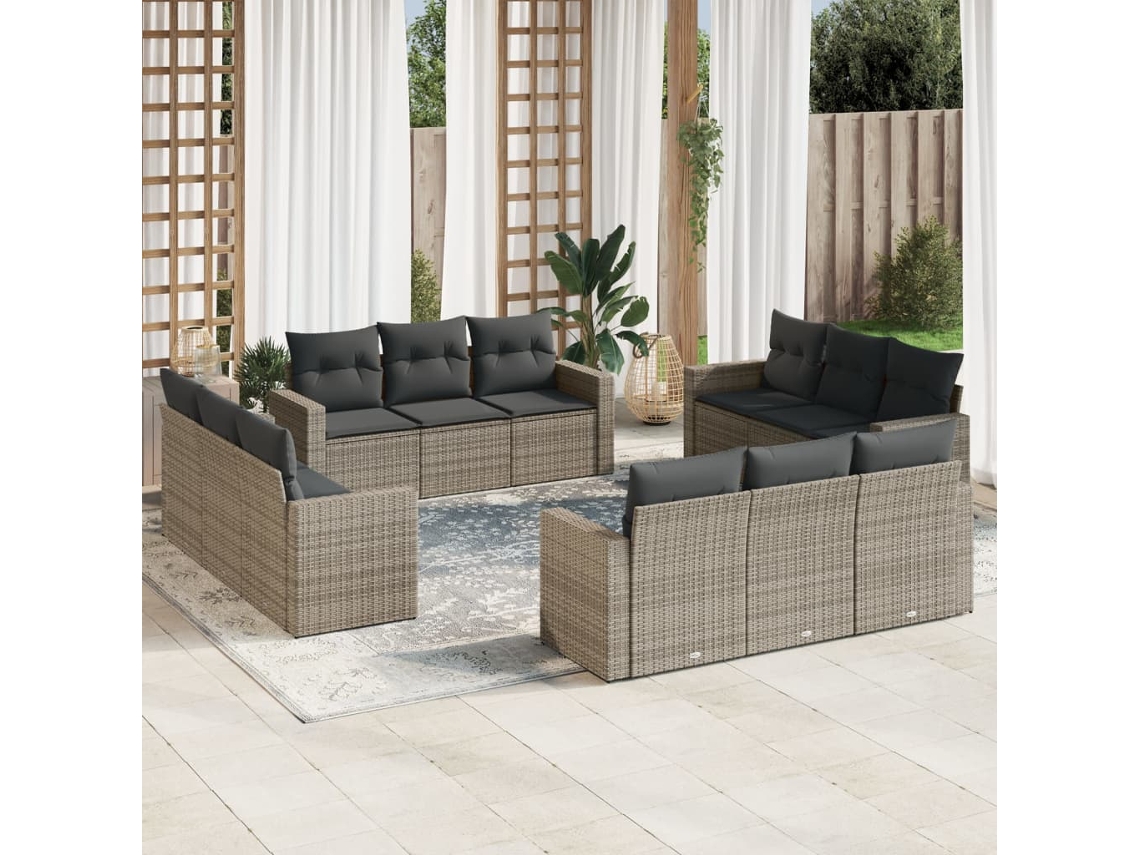 Vidaxl 12 Pcs Conjunto De Sofás Jardim C/ Almofadões Vime Pe Cinzento